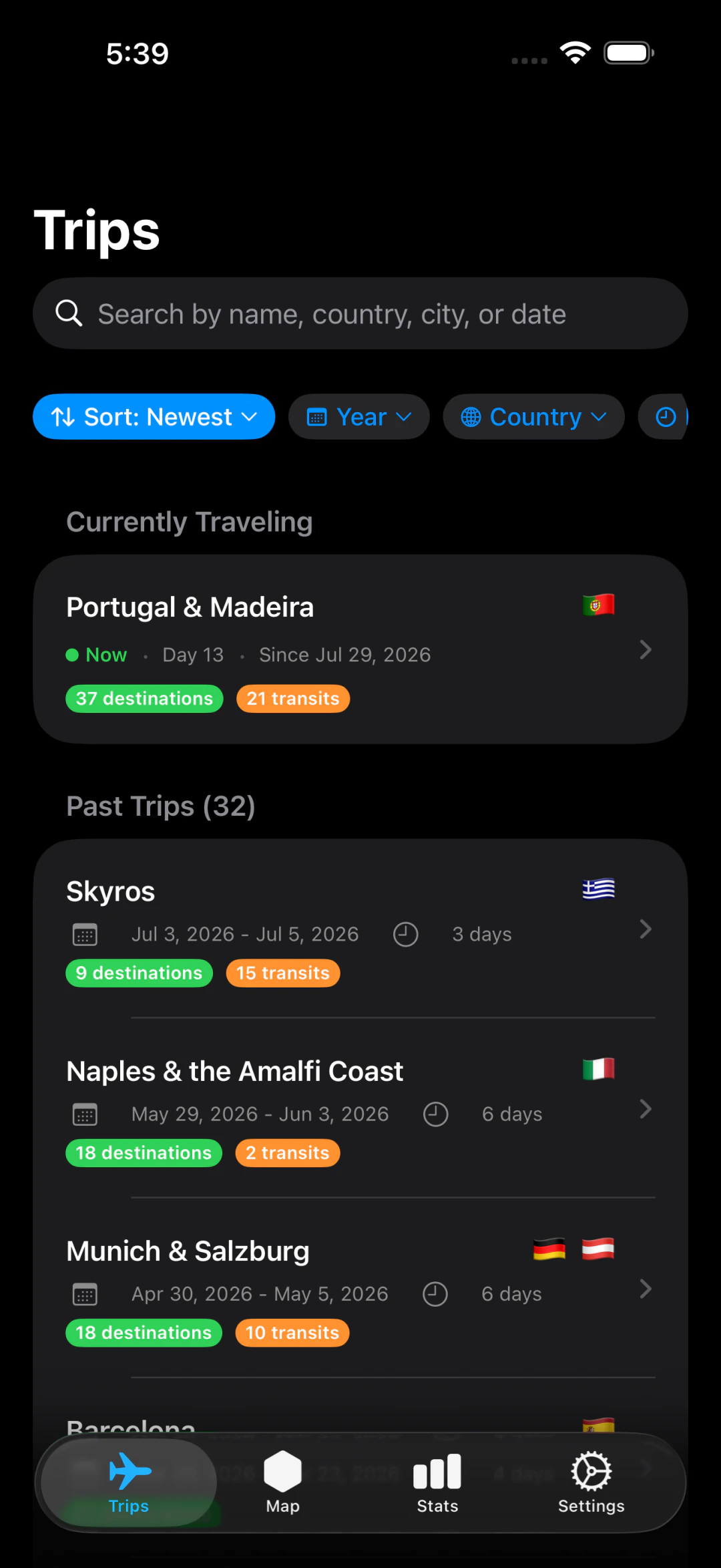 Travel Log's Trips screen showing an ongoing trip to Portugal and Madeira and a list of past trips